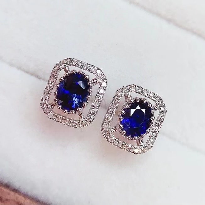 14k Gold 1 Ct Natural Sapphire & Diamond Earrings - 4