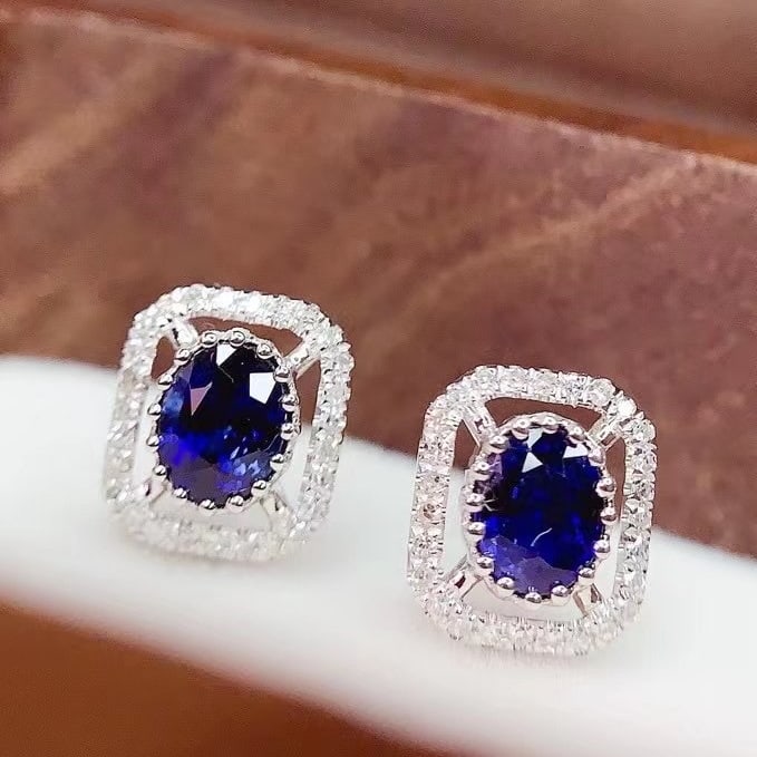 14k Gold 1 Ct Natural Sapphire & Diamond Earrings - 5