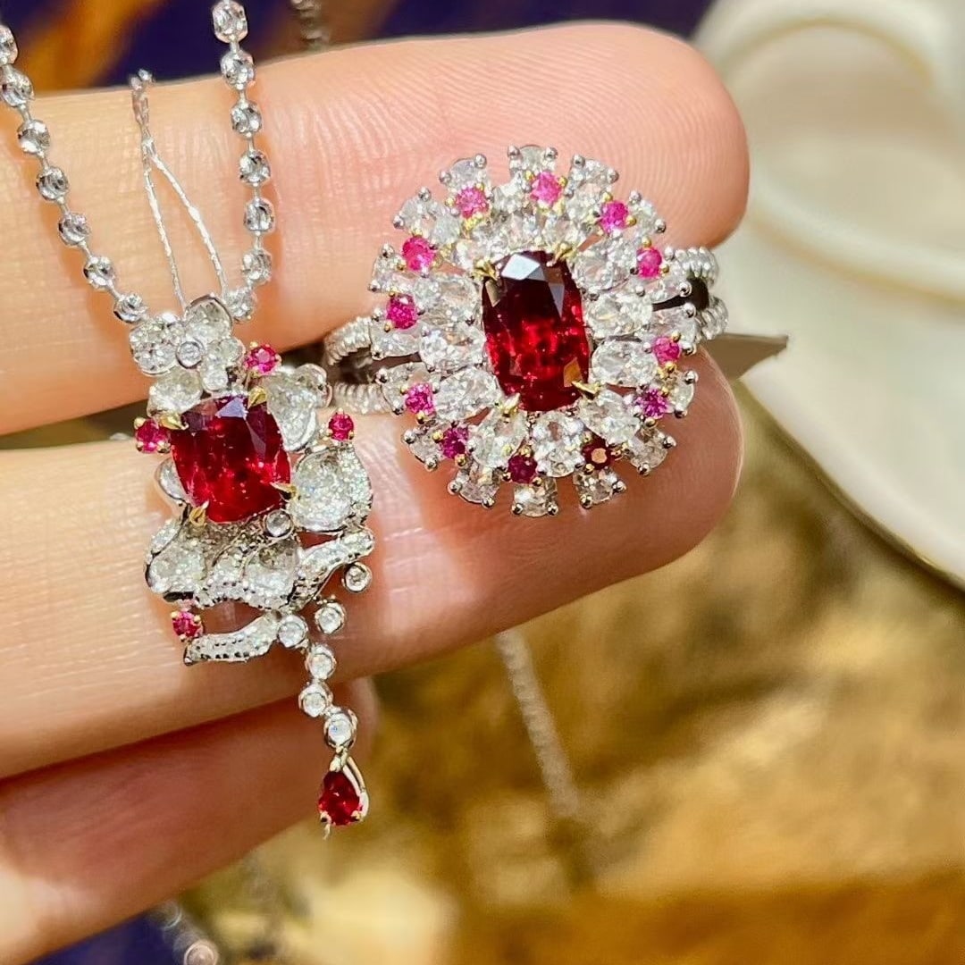 14k Gold 2.49 Ctw Natural Ruby & Diamond Jewelry Set - 2