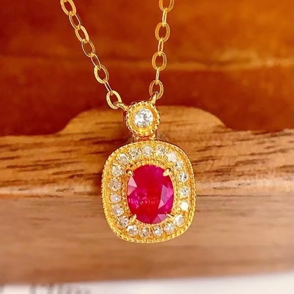 14k Gold 0.4 Ct Natural Ruby & Diamond Necklace: Ref:230982249 / / gold content:14k gold / / main gemstone:ruby / / shape:oval / / carat weight:0. 4ct / / color:red / / treatment:natural / / / / adjacent gemstone 2 : diamond / / number of stones:20