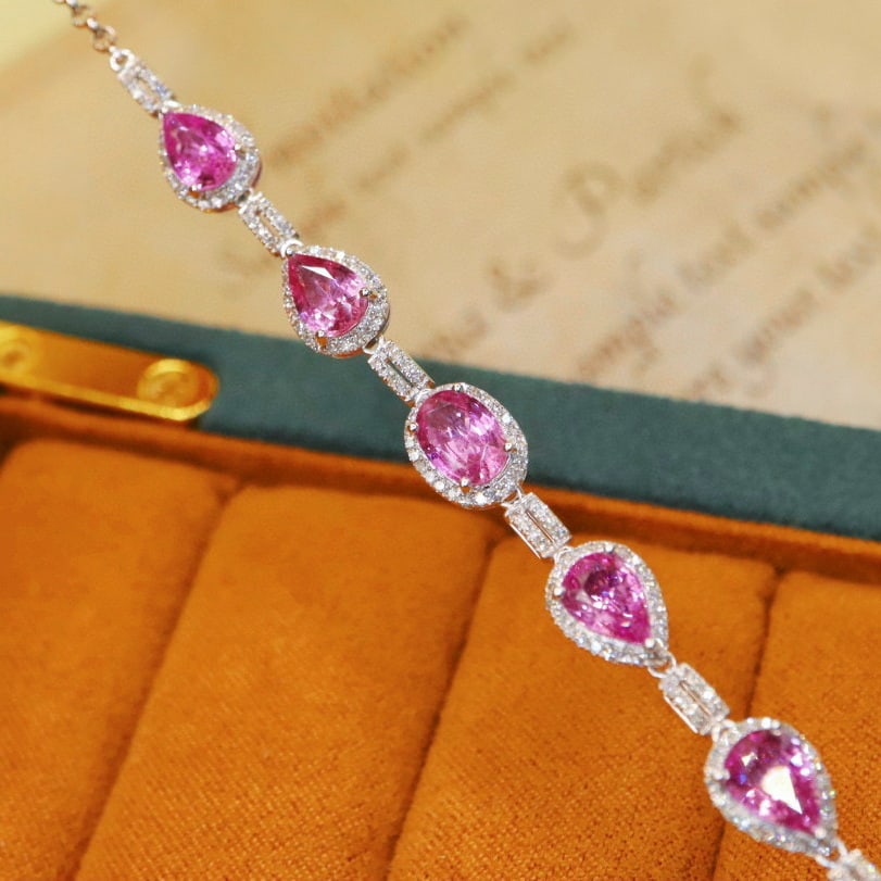 14k Gold 4.45 Ctw Natural Padparadscha Sapphire & Diamond Bracelet - 2