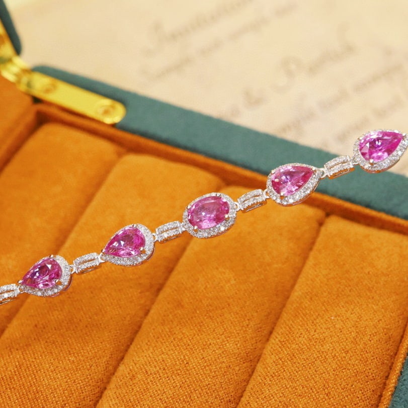 14k Gold 4.45 Ctw Natural Padparadscha Sapphire & Diamond Bracelet - 3
