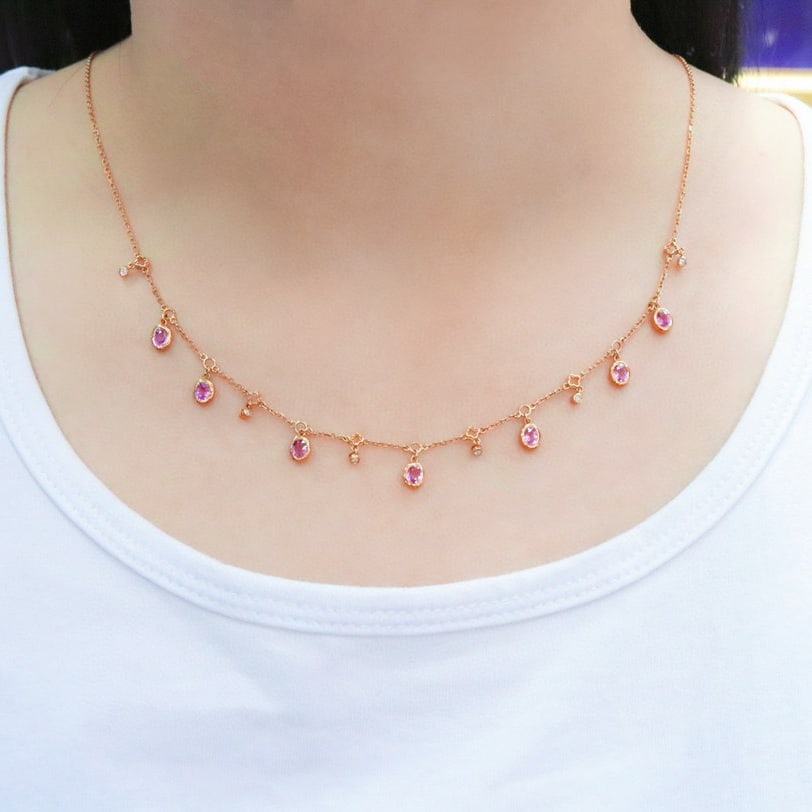 14k Gold 1.94 Ctw Natural Padparadscha Sapphire & Diamond Necklace - 5