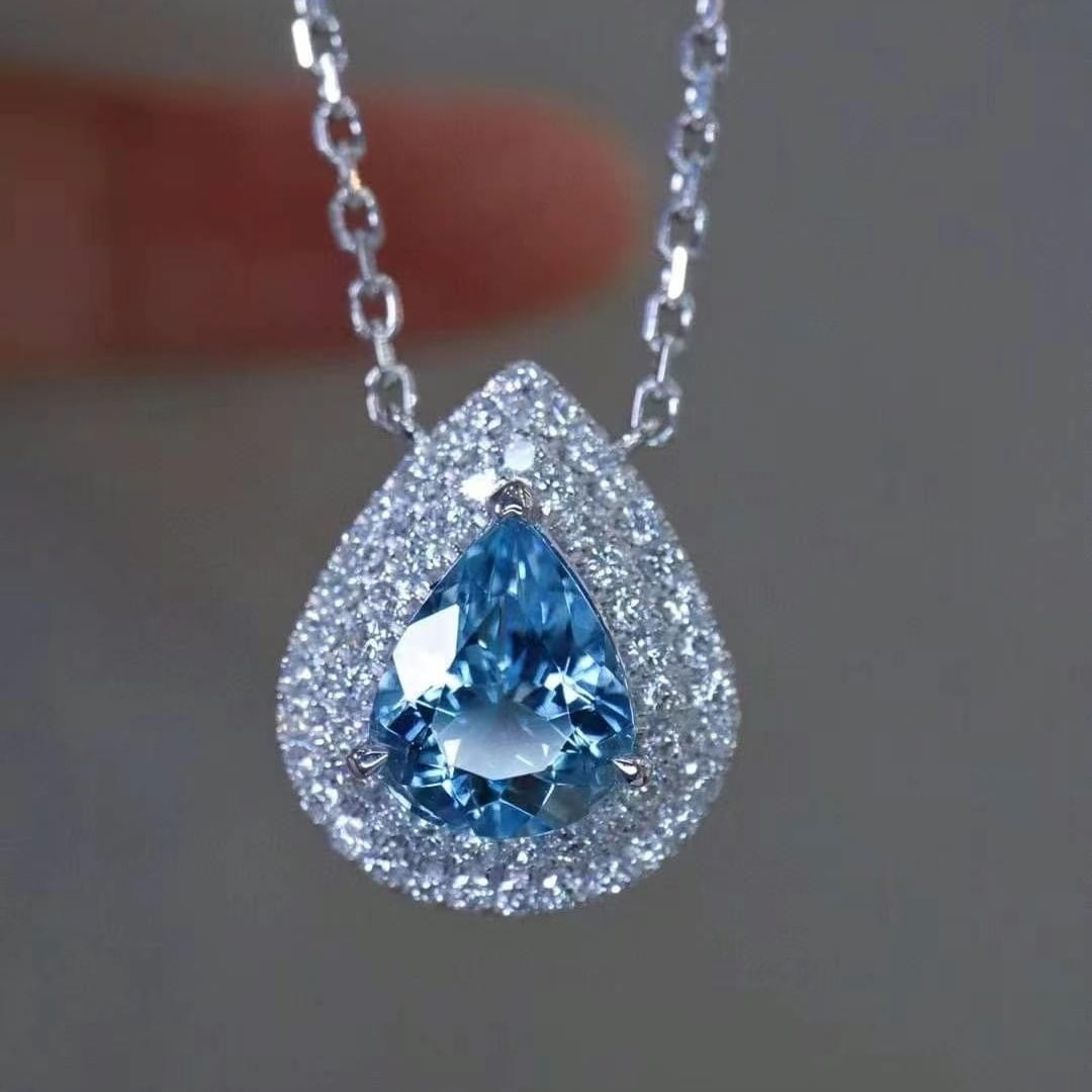 14k Gold 1.35 Ctw Natural Aquamarine & Lab Grown Diamond Necklace: Ref:230982260 / / gold content:14k gold / / main gemstone:aquamarine / / shape:pear / / carat weight:1. 02ct / / color:santa maria color / / treatment:natural / / / / adjacent gemstone 2 : lab grown