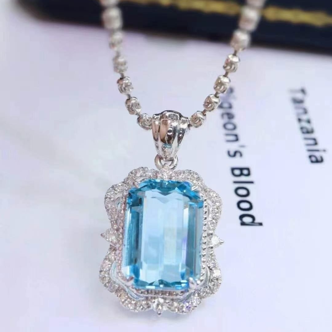 14k Gold 3.7 Ctw Natural Aquamarine & Diamond Pendant( Without Chain ) - 2