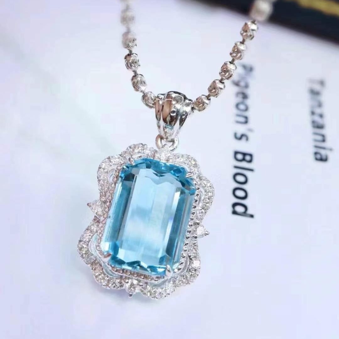14k Gold 3.7 Ctw Natural Aquamarine & Diamond Pendant( Without Chain ) - 3