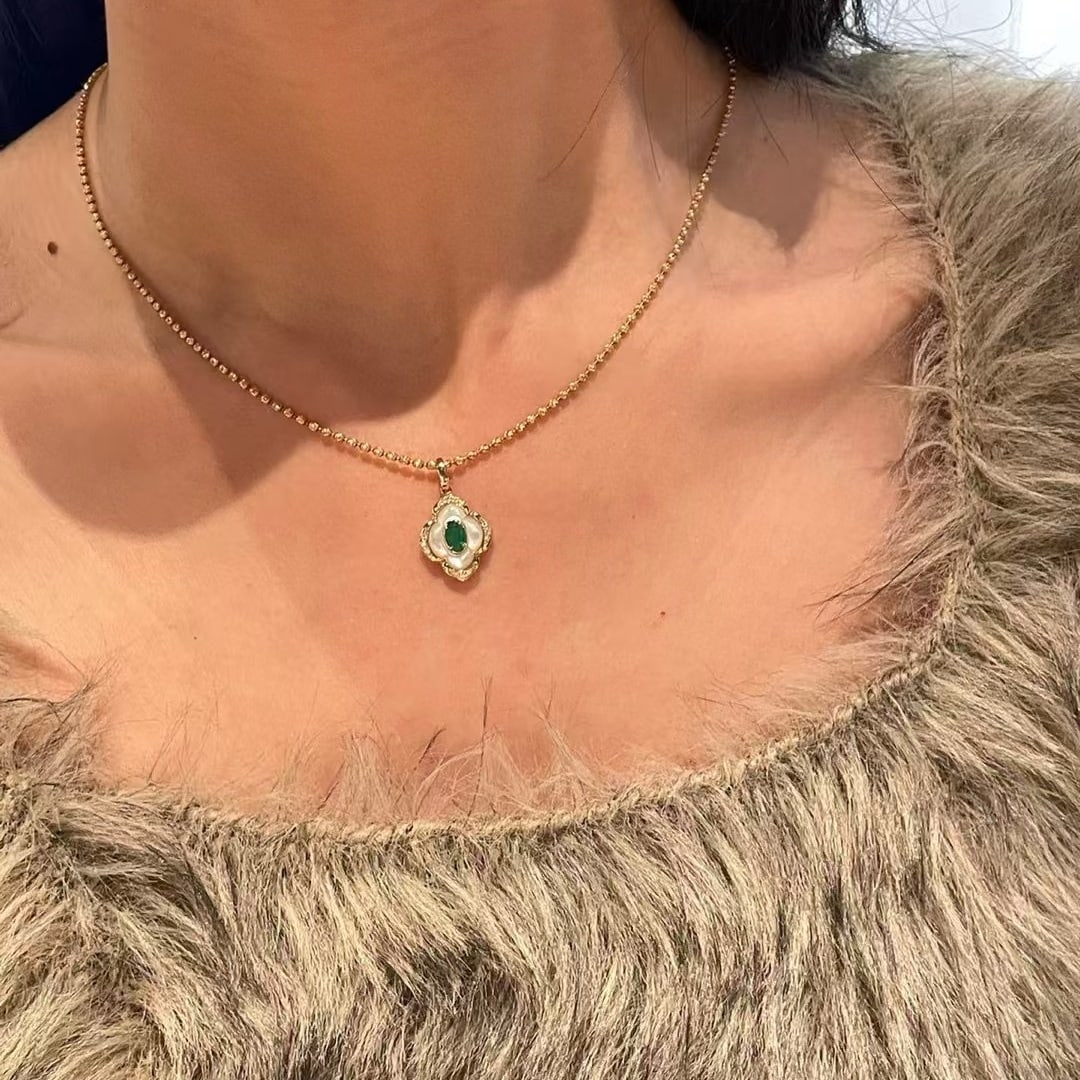 14k Gold 0.15 Ct Natural Emerald & Diamond Pendant( Without Chain ) - 5