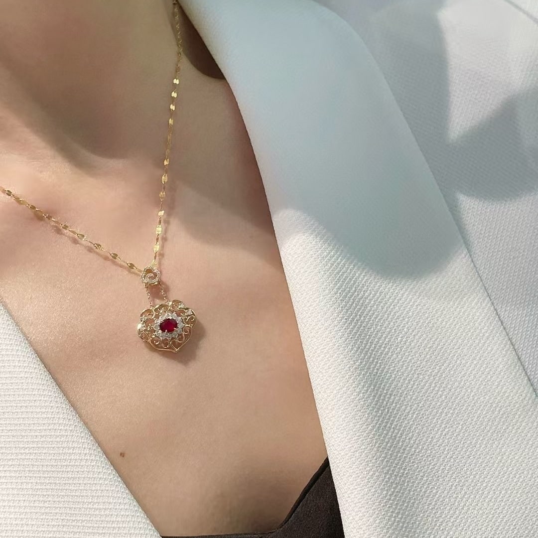 14k Gold 0.3 Ct Natural Ruby & Diamond Pendant( Without Chain ) - 3