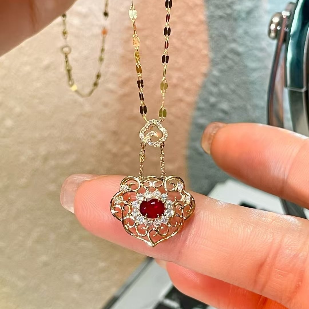 14k Gold 0.3 Ct Natural Ruby & Diamond Pendant( Without Chain ) - 4
