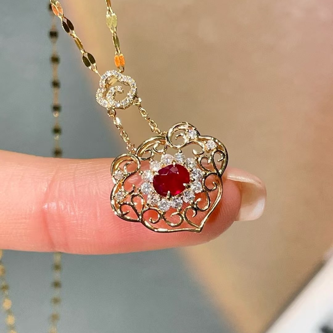 14k Gold 0.3 Ct Natural Ruby & Diamond Pendant( Without Chain ) - 5