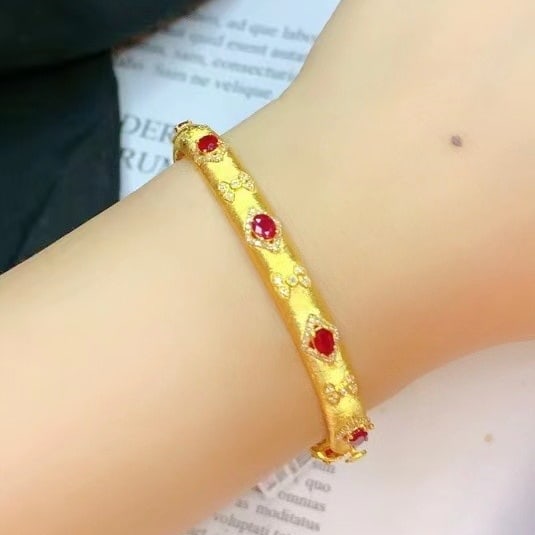 14k Gold 3 Ct Vivid Red Natural Ruby & Diamond Bangle - 6