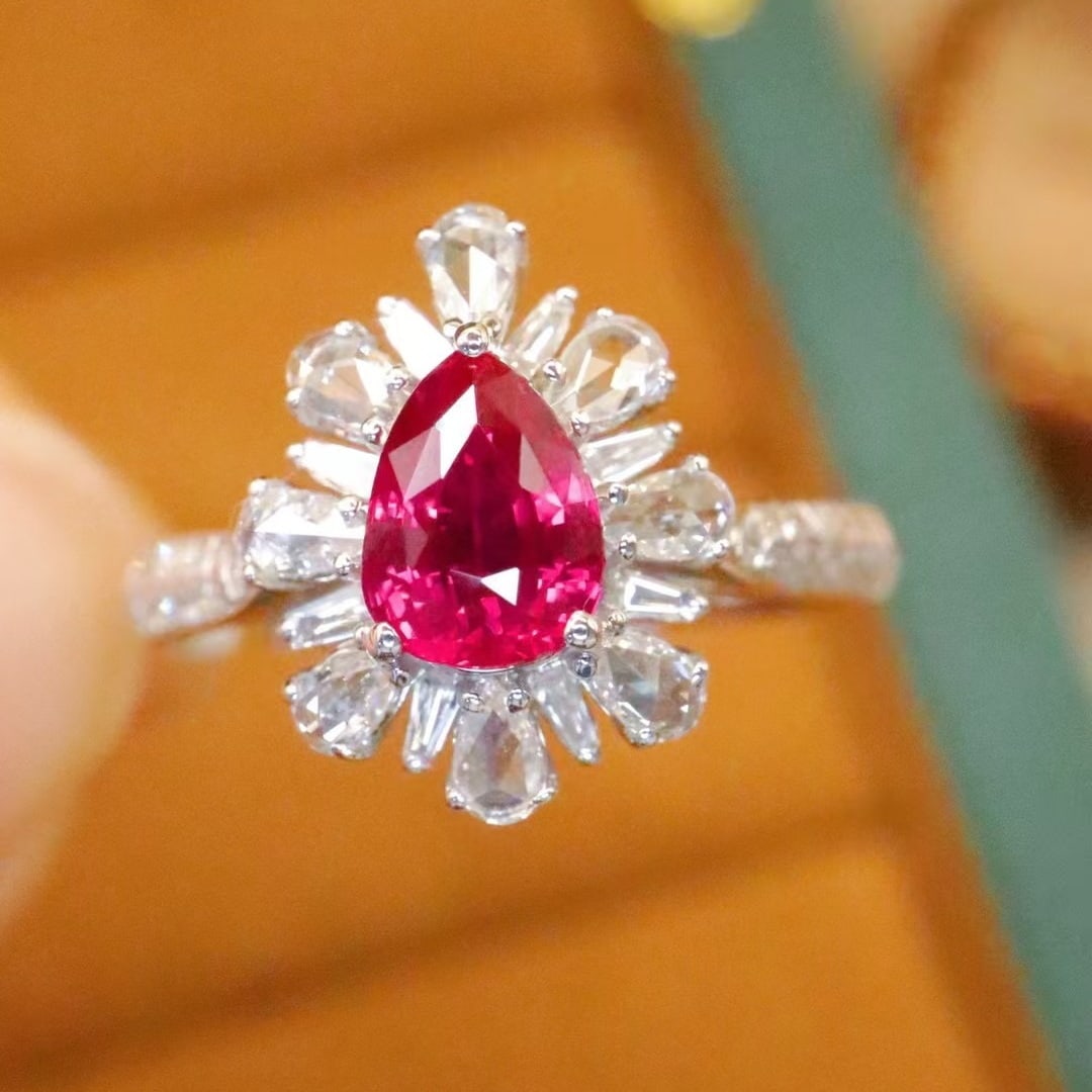 14k Gold 1.48 Ctw Natural Ruby & Diamond Ring: Ref:230982296 / / gold content:14k gold / / ring size:7. 25us / / / / main gemstone:ruby / / shape:pear / / carat weight:1. 05ct / / color:red / / treatment:natural / / / / adjacent gemstone 2 : diamo