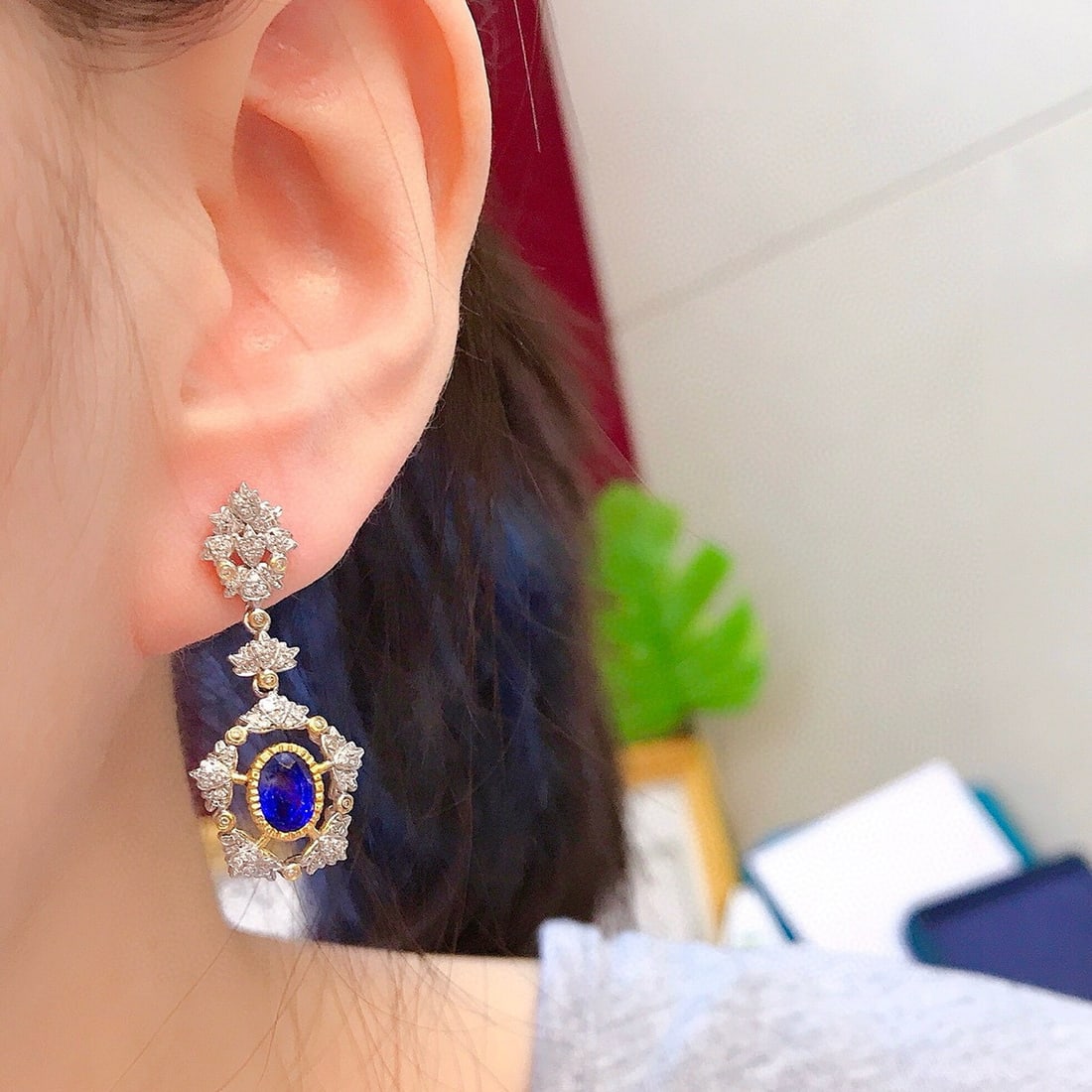 14k Gold 2.04 Ctw Natural Sapphire & Diamond Earrings - 4