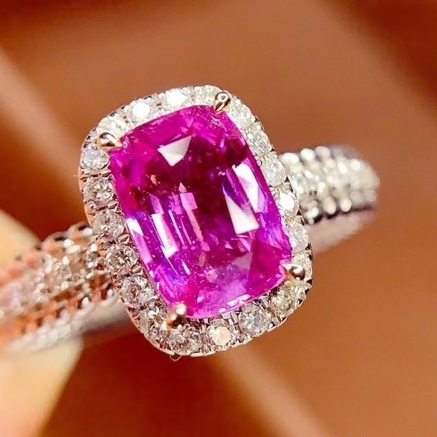14k Gold 1.8 Ct Natural Sapphire & Diamond Ring: Ref:230982305 / / gold content:14k gold / / ring size:7. 25us / / / / main gemstone:sapphire / / shape:cushion / / carat weight:1. 8ct / / color:pink / / treatment:natural / / / / adjacent gemstone 2