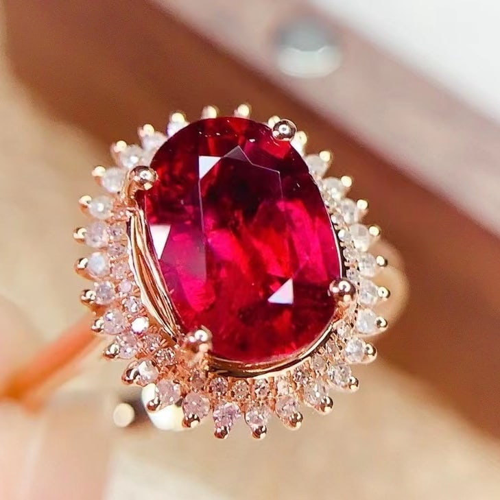 14k Gold 2.8 Ct Natural Tourmaline & Diamond Ring: Ref:230982307 / / gold content:14k gold / / ring size:7. 25us / / / / main gemstone:tourmaline / / shape:oval / / carat weight:2. 8ct / / color:red / / treatment:natural / / / / adjacent gemstone 2 :