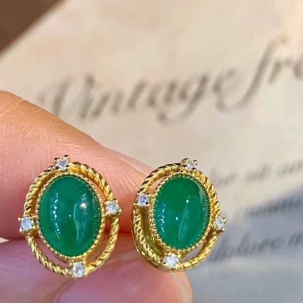 14k Gold 2 Ct Natural Emerald & Diamond Earrings - 2