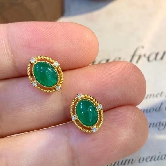 14k Gold 2 Ct Natural Emerald & Diamond Earrings - 4