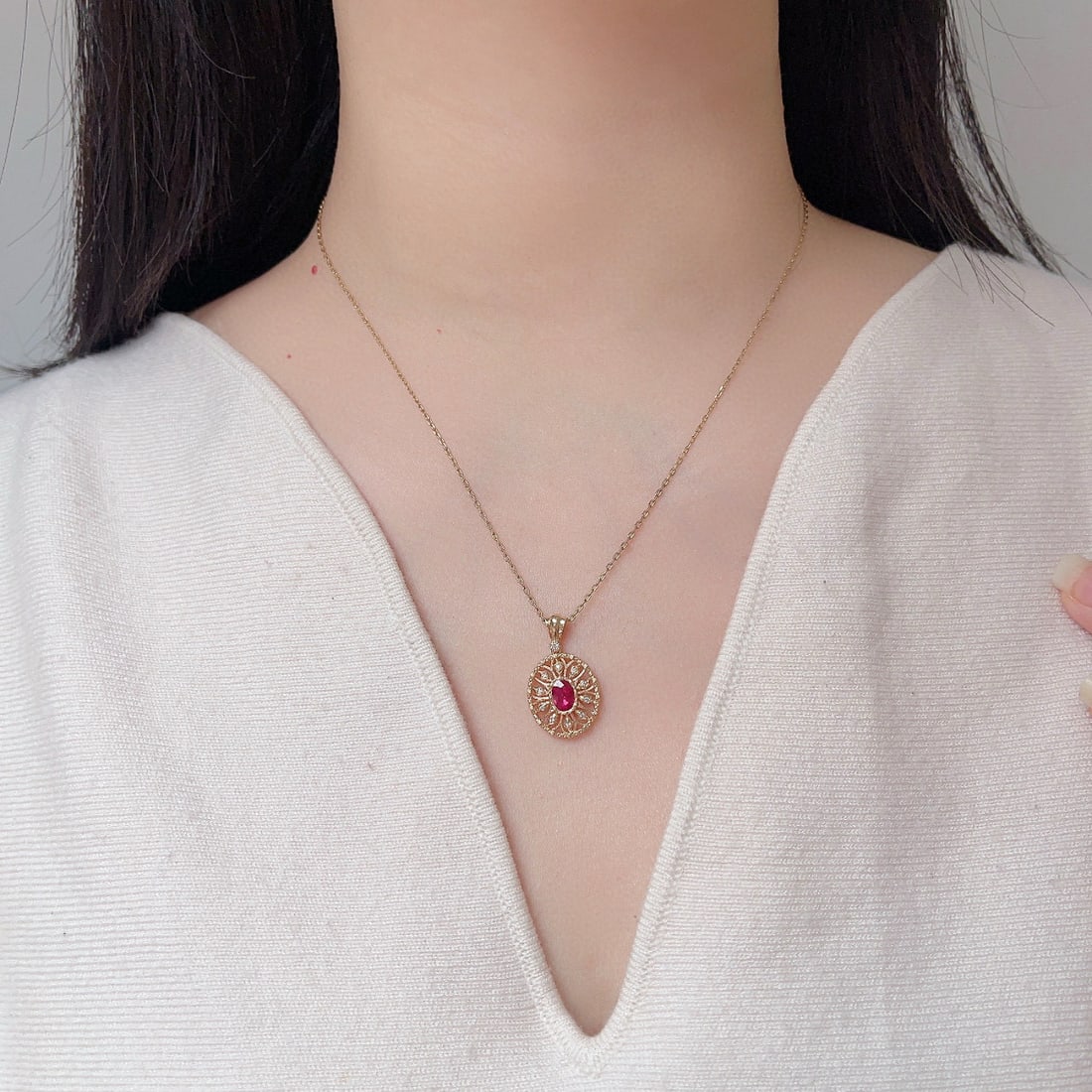 14k Gold 0.80 Ctw Natural Ruby & Diamond Pendant( Without Chain ) - 2