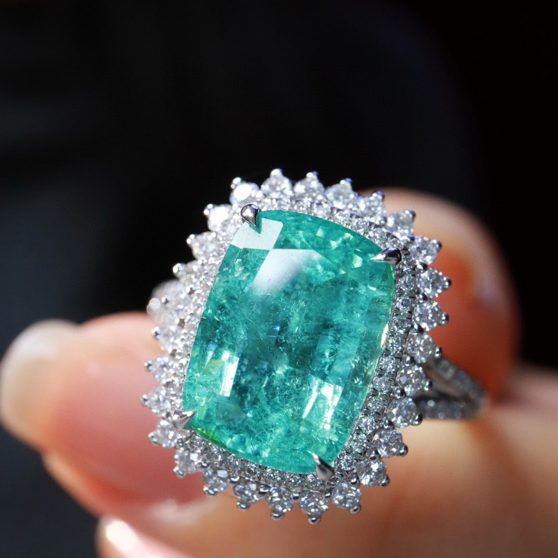 14k Gold 4.07 Ctw Natural Paraiba Tourmaline & Diamond Ring: Ref:230982326 / / gold content:14k gold / / ring size:7. 25us / / / / main gemstone:paraiba tourmaline / / shape:cushion / / carat weight:3. 45ct / / color:blue / / treatment:natural / / / / adjacent