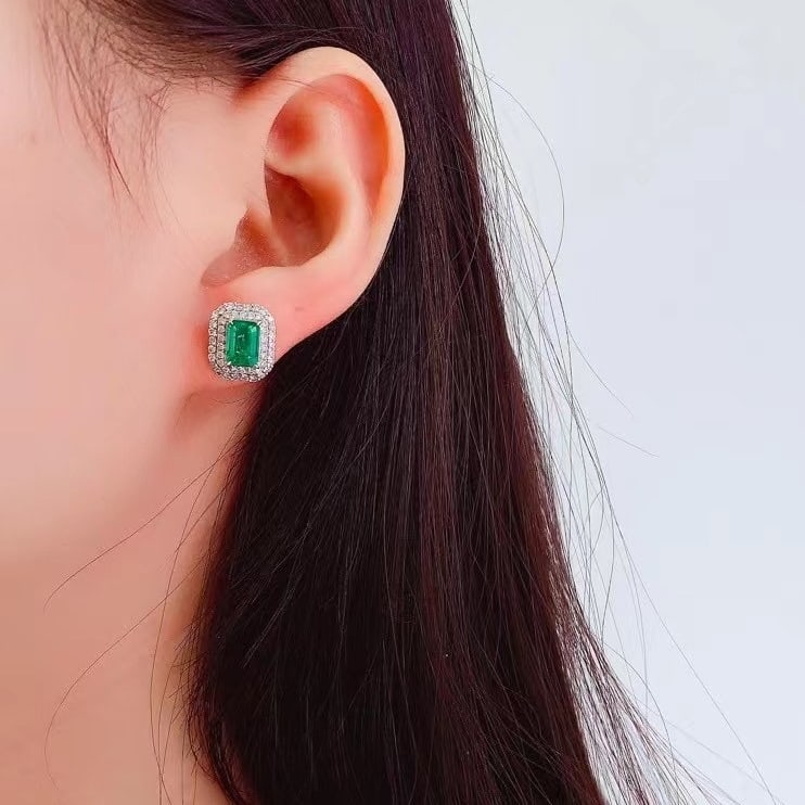 14k Gold 2.15 Ct Vivid Green Natural Emerald & Diamond Earrings - 6