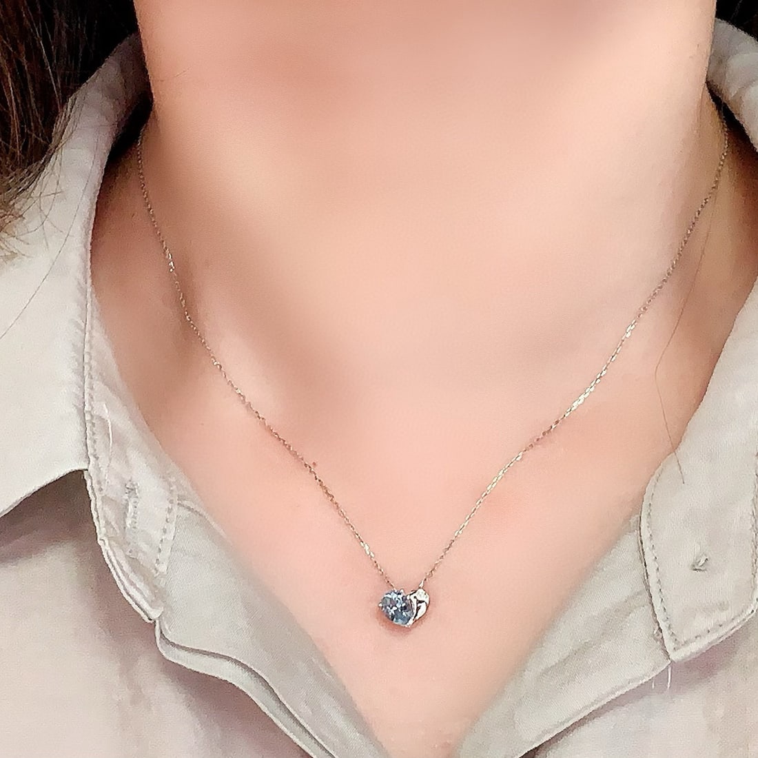 14k Gold 0.65 Ct Natural Aquamarine & Diamond Necklace - 5