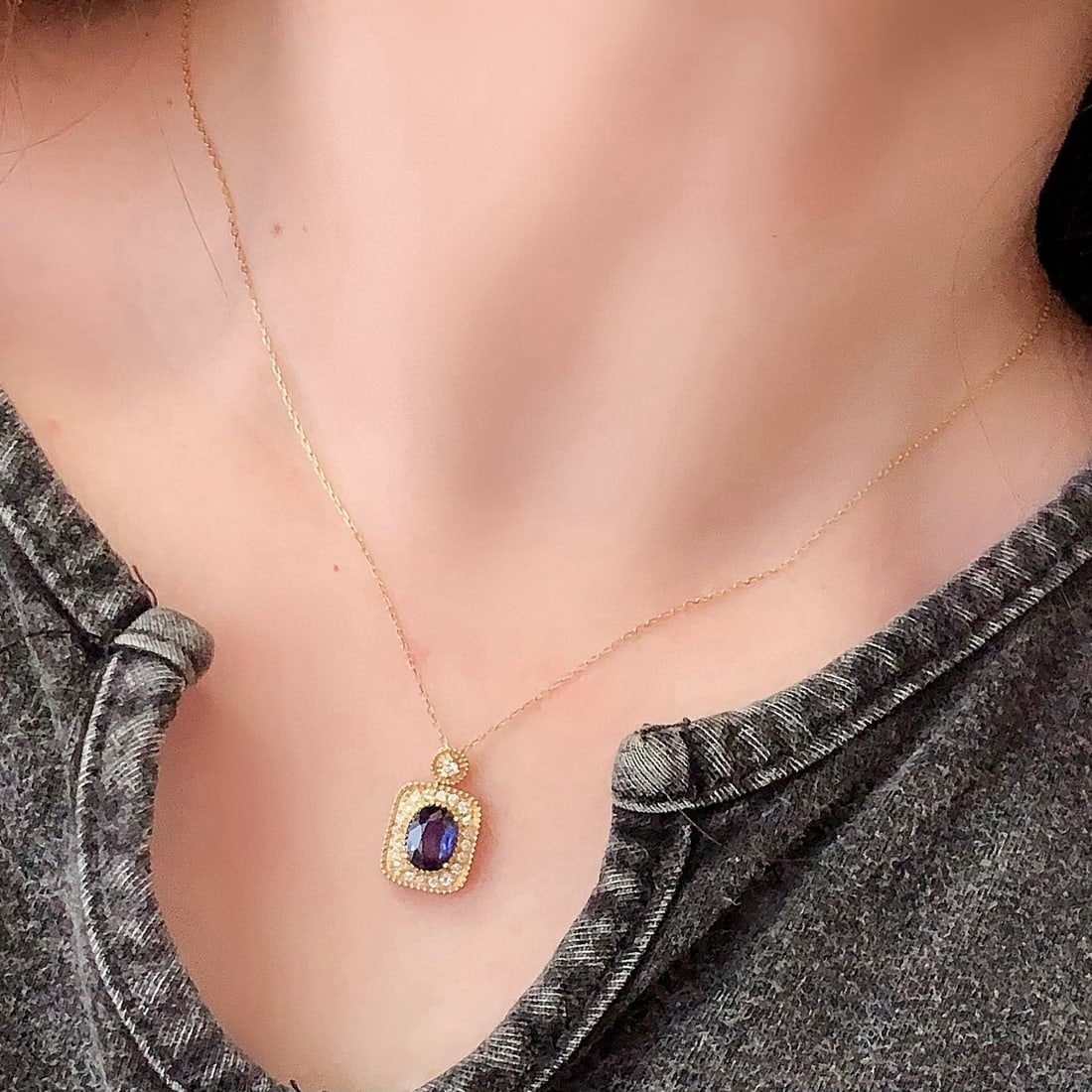 14k Gold 1.35 Ctw Natural Sapphire & Diamond Pendant( Without Chain ) - 4