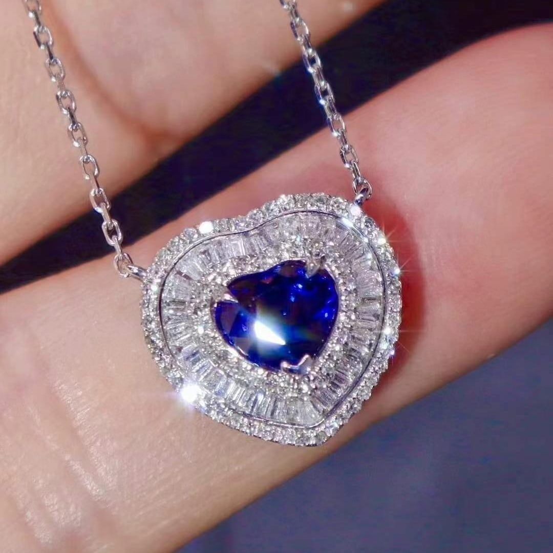 14k Gold 1.93 Ctw Natural Sapphire & Diamond Necklace: Ref:230982342 / / gold content:14k gold / / main gemstone:sapphire / / shape:heart / / carat weight:1. 25ct / / color:royal blue / / treatment:natural / / / / adjacent gemstone 2 : diamond / /