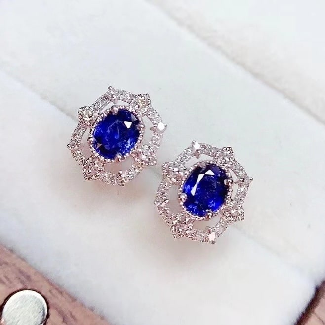 14k Gold 0.8 Ct Natural Sapphire & Diamond Earrings - 2