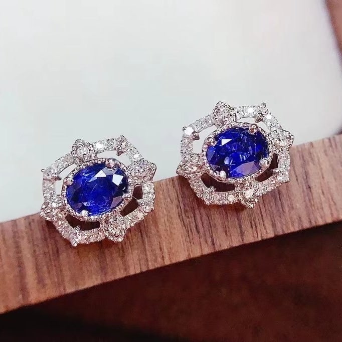14k Gold 0.8 Ct Natural Sapphire & Diamond Earrings - 3
