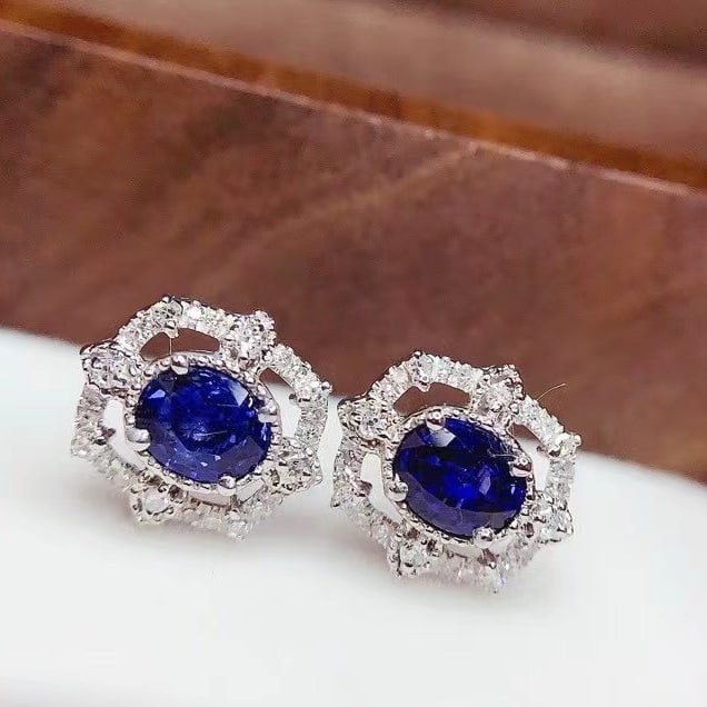 14k Gold 0.8 Ct Natural Sapphire & Diamond Earrings - 4