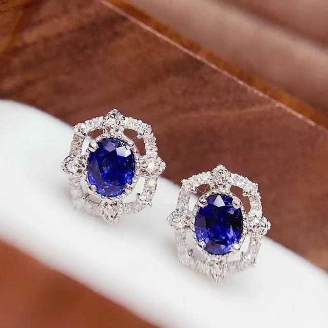 14k Gold 0.8 Ct Natural Sapphire & Diamond Earrings - 5