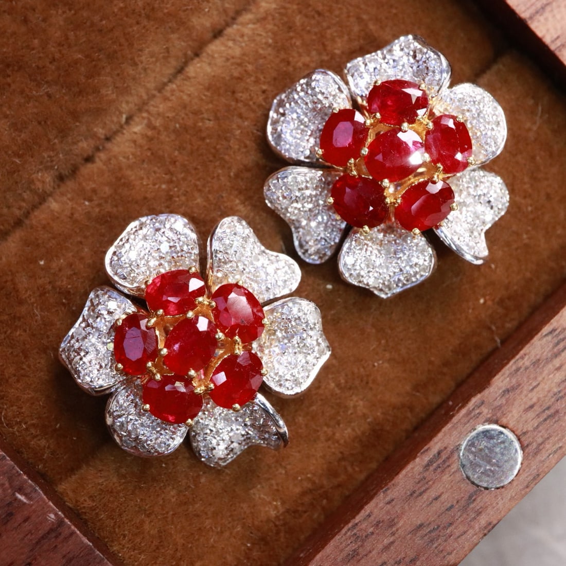 14k Gold 4.83 Ctw Natural Ruby & Diamond & Flowers Earrings - 2