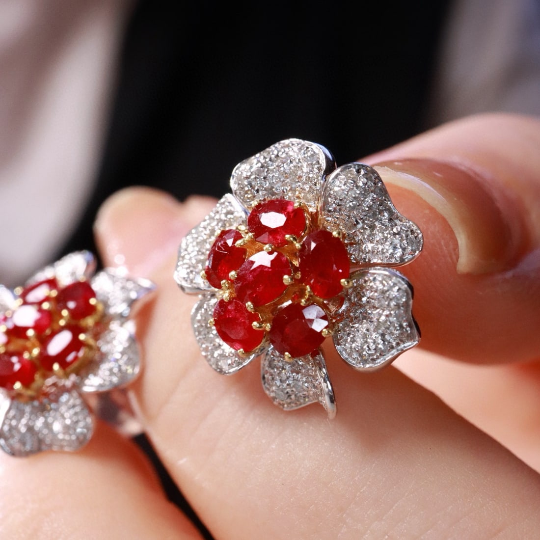 14k Gold 4.83 Ctw Natural Ruby & Diamond & Flowers Earrings - 4