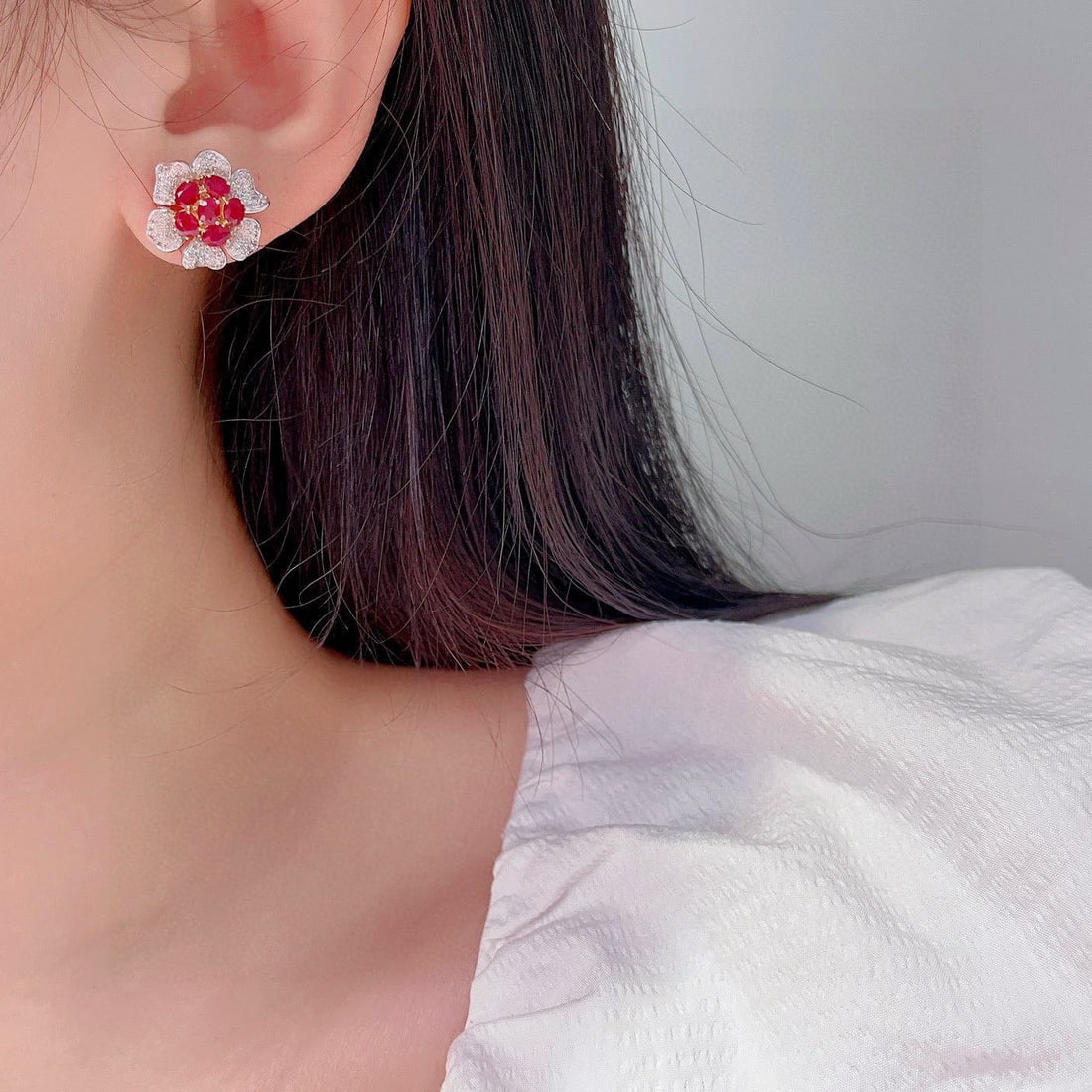 14k Gold 4.83 Ctw Natural Ruby & Diamond & Flowers Earrings - 5