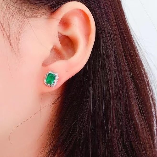 14k Gold 2.1 Ct Vivid Green Natural Emerald & Diamond Earrings - 4