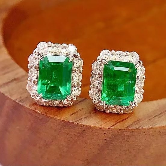 14k Gold 2.1 Ct Vivid Green Natural Emerald & Diamond Earrings - 6