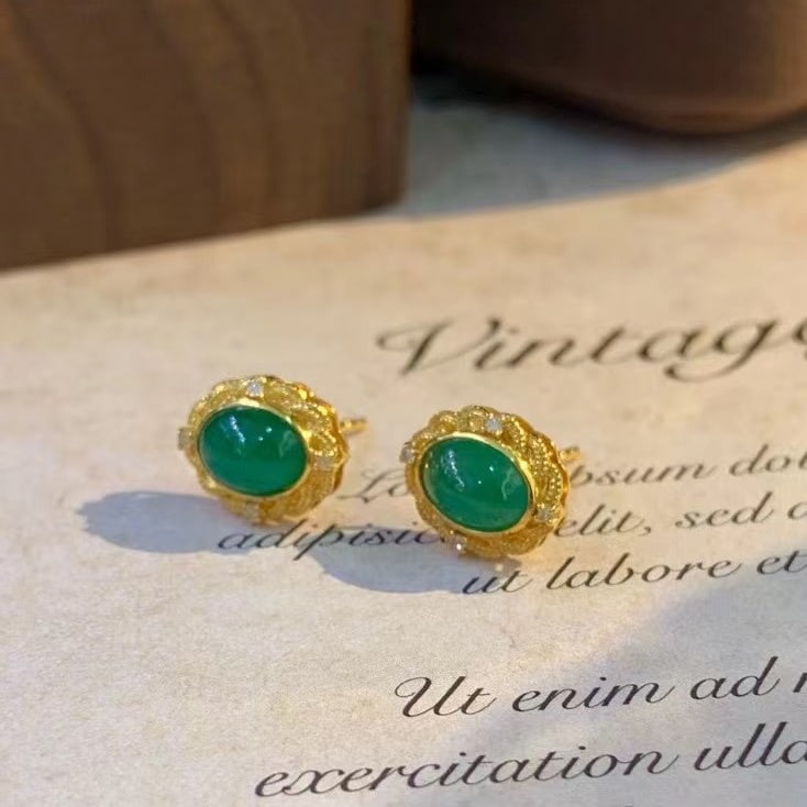14k Gold 2.16 Ct Natural Emerald & Diamond Earrings - 2