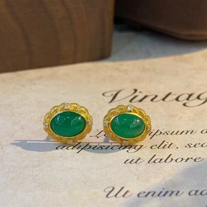 14k Gold 2.16 Ct Natural Emerald & Diamond Earrings - 3
