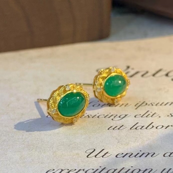 14k Gold 2.16 Ct Natural Emerald & Diamond Earrings - 5