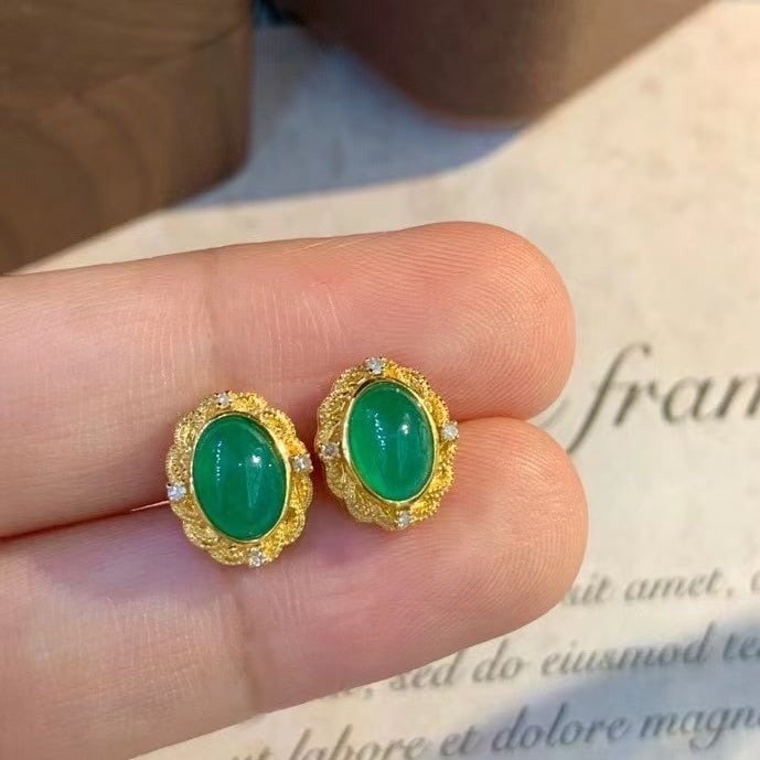14k Gold 2.16 Ct Natural Emerald & Diamond Earrings - 6