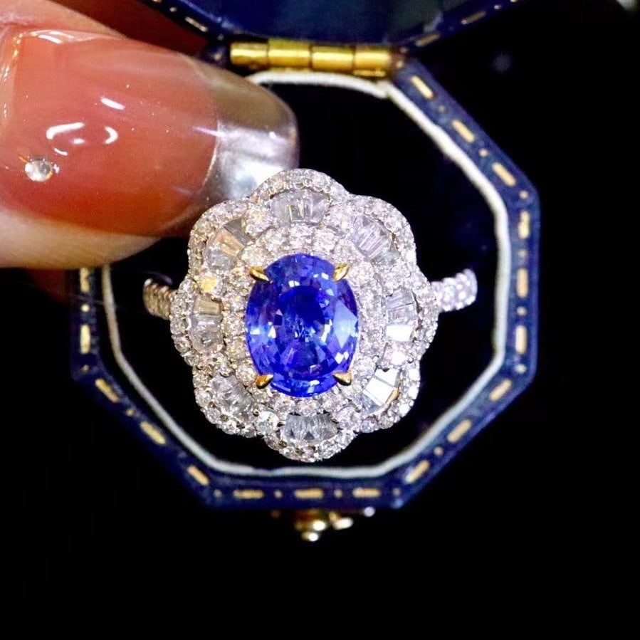 14k Gold 2.71 Ctw Natural Sapphire & Diamond Ring: Ref:230982365 / / gold content:14k gold / / ring size:7. 25us / / / / main gemstone:sapphire / / shape:oval / / carat weight:1. 85ct / / color:blue / / treatment:natural / / / / adjacent gemstone 2 :