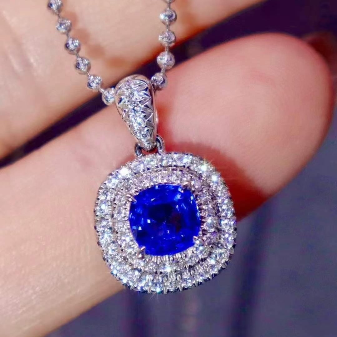 14k Gold 1.94 Ctw Natural Sapphire & Diamond Pendant( Without Chain ): Ref:230982369 / / gold content:14k gold / / main gemstone:sapphire / / shape:cushion / / carat weight:1. 26ct / / color:royal blue / / treatment:natural / / / / adjacent gemstone 2 : diamond / /