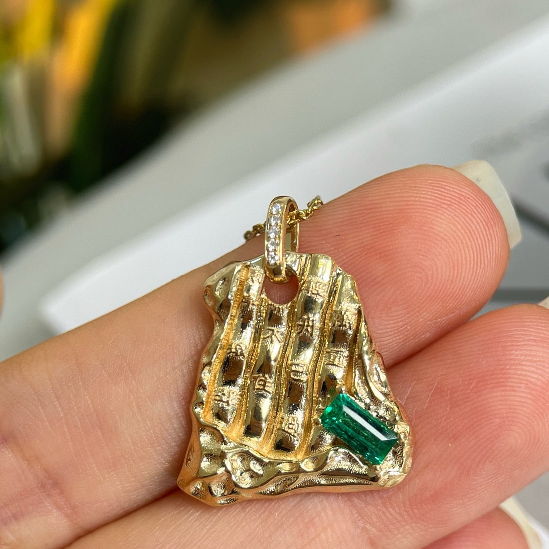 14k Gold 0.37 Ctw Vivid Green Natural Emerald & Diamond Pendant( Without Chain ) - 4