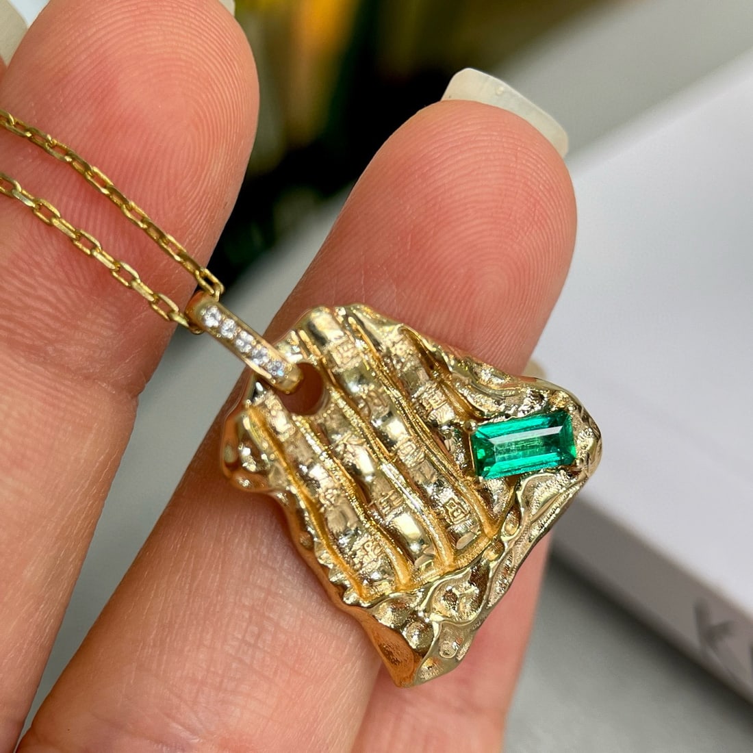 14k Gold 0.37 Ctw Vivid Green Natural Emerald & Diamond Pendant( Without Chain ) - 5
