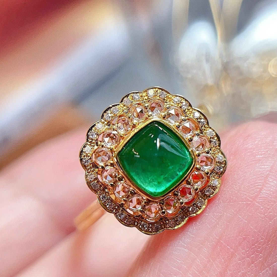 14k Gold 1 Ct Vivid Green Natural Emerald & Diamond & Sapphire Ring - 6