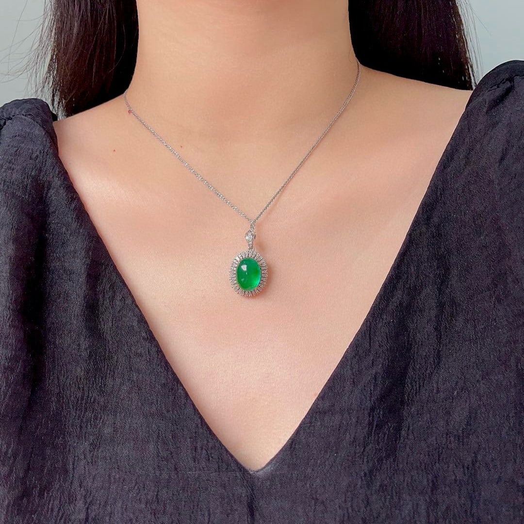 14k Gold 9.33 Ctw Vivid Green Natural Emerald & Diamond Pendant( Without Chain ) - 2