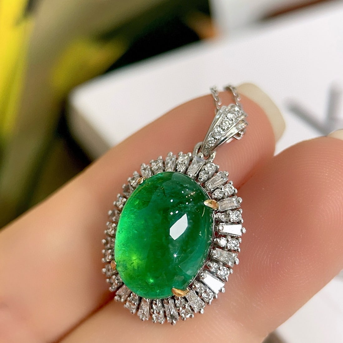 14k Gold 9.33 Ctw Vivid Green Natural Emerald & Diamond Pendant( Without Chain ) - 4