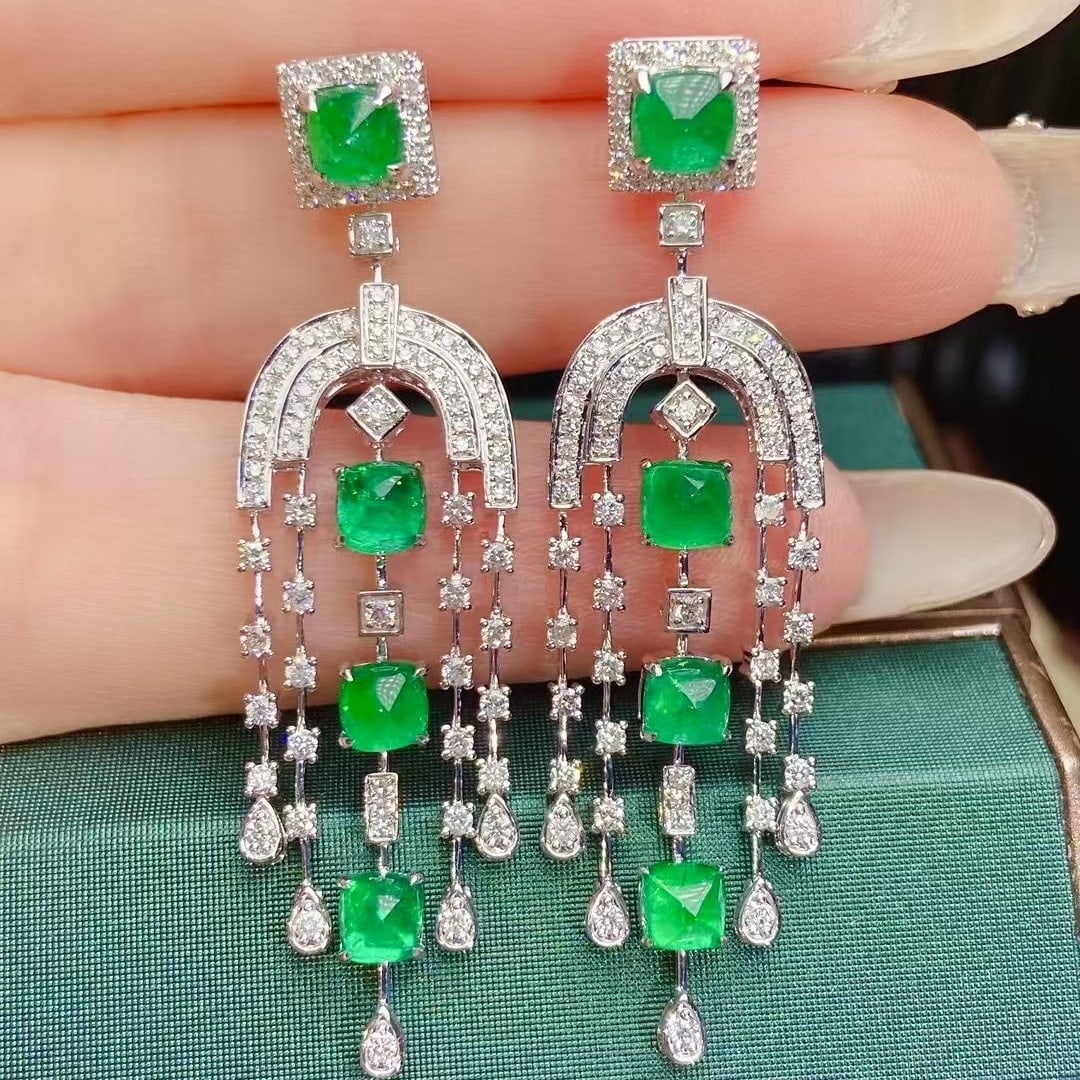 14k Gold 4.46 Ctw Vivid Green Natural Emerald & Diamond Earrings - 2