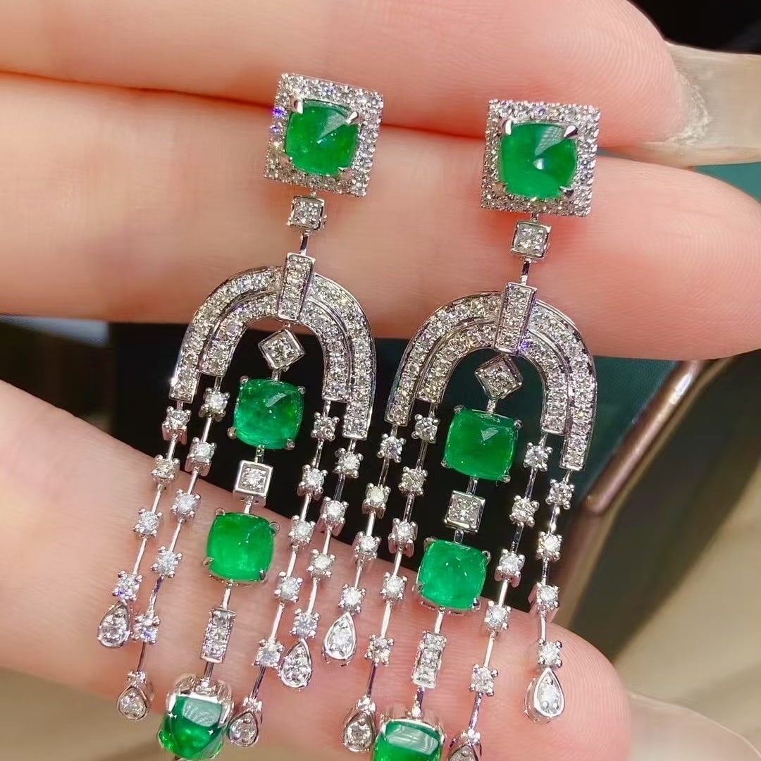 14k Gold 4.46 Ctw Vivid Green Natural Emerald & Diamond Earrings - 3