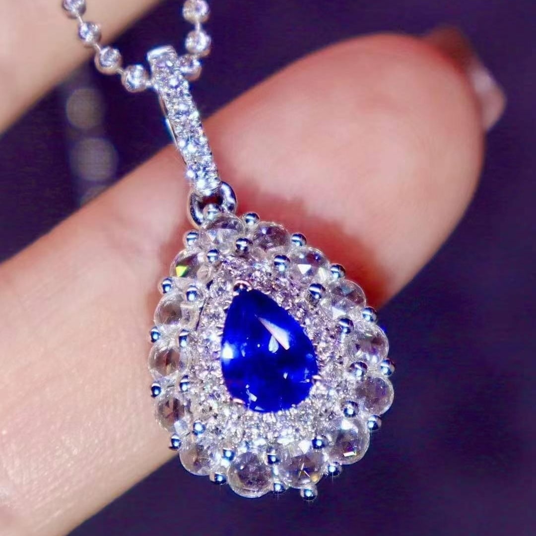 14k Gold 3.36 Ctw Natural Sapphire & Diamond Pendant( Without Chain ): Ref:230982382 / / gold content:14k gold / / main gemstone:sapphire / / shape:pear / / carat weight:1. 2ct / / color:royal blue / / treatment:natural / / / / adjacent gemstone 2 : diamond / /
